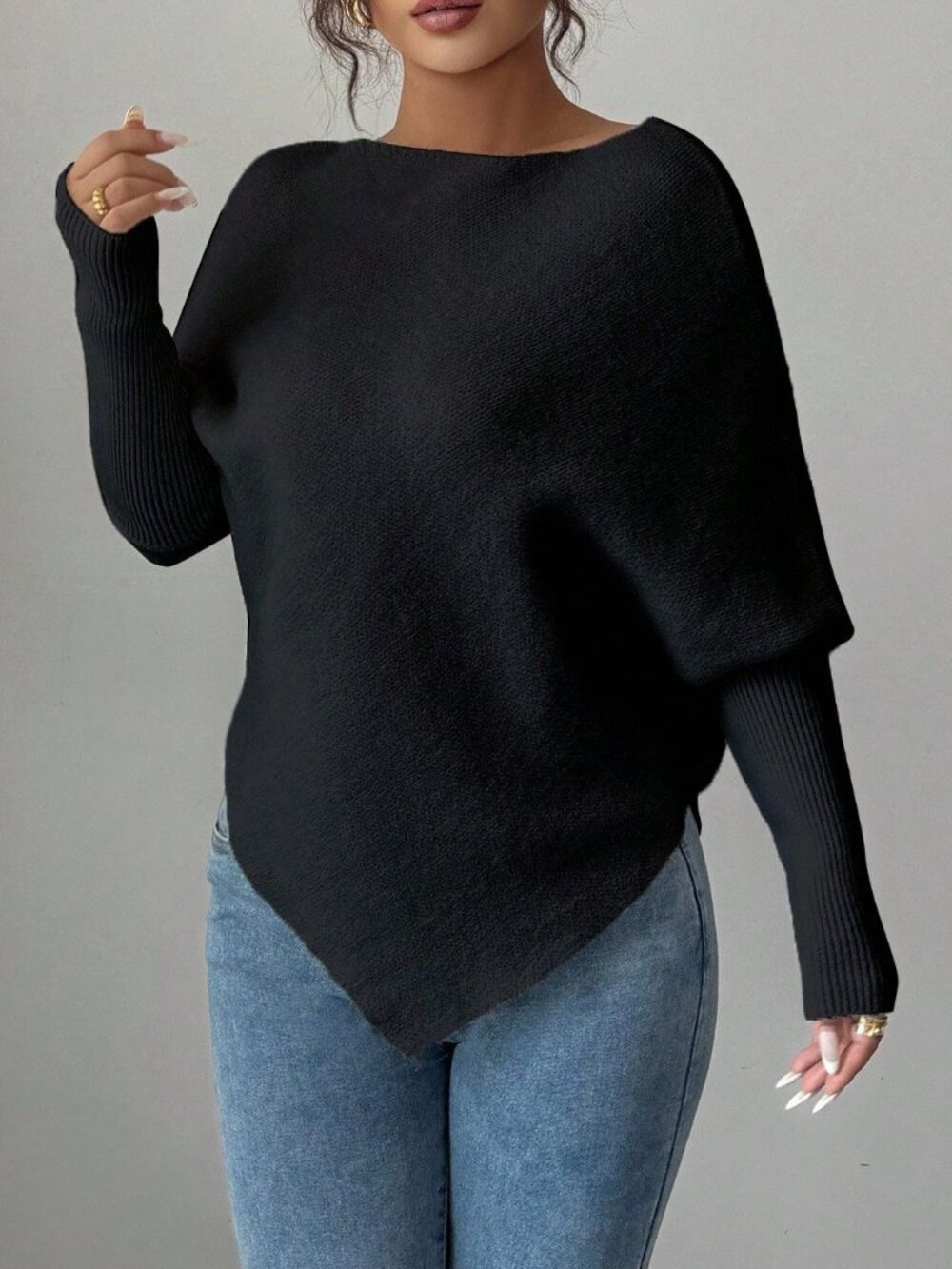 Black Casual Women's Asymmetrical Boat Neck Batwing Rib-Knit Pullover